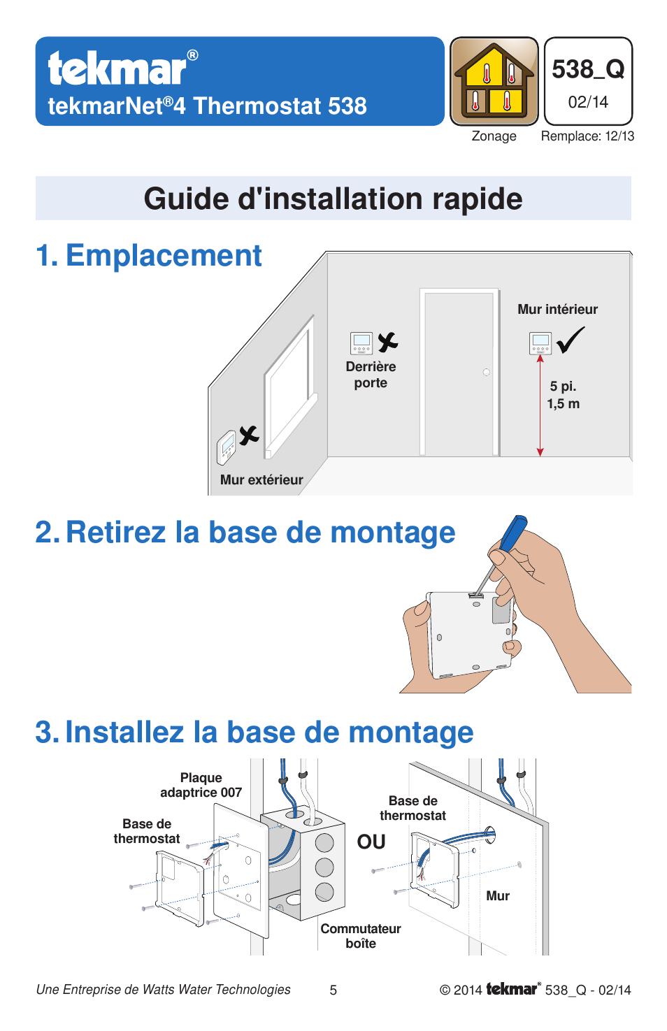 Guide d'installation rapide, 538_q, Tekmarnet | 4 thermostat 538 | tekmar 538 Thermostat Quick Start User Manual | Page 5 / 12