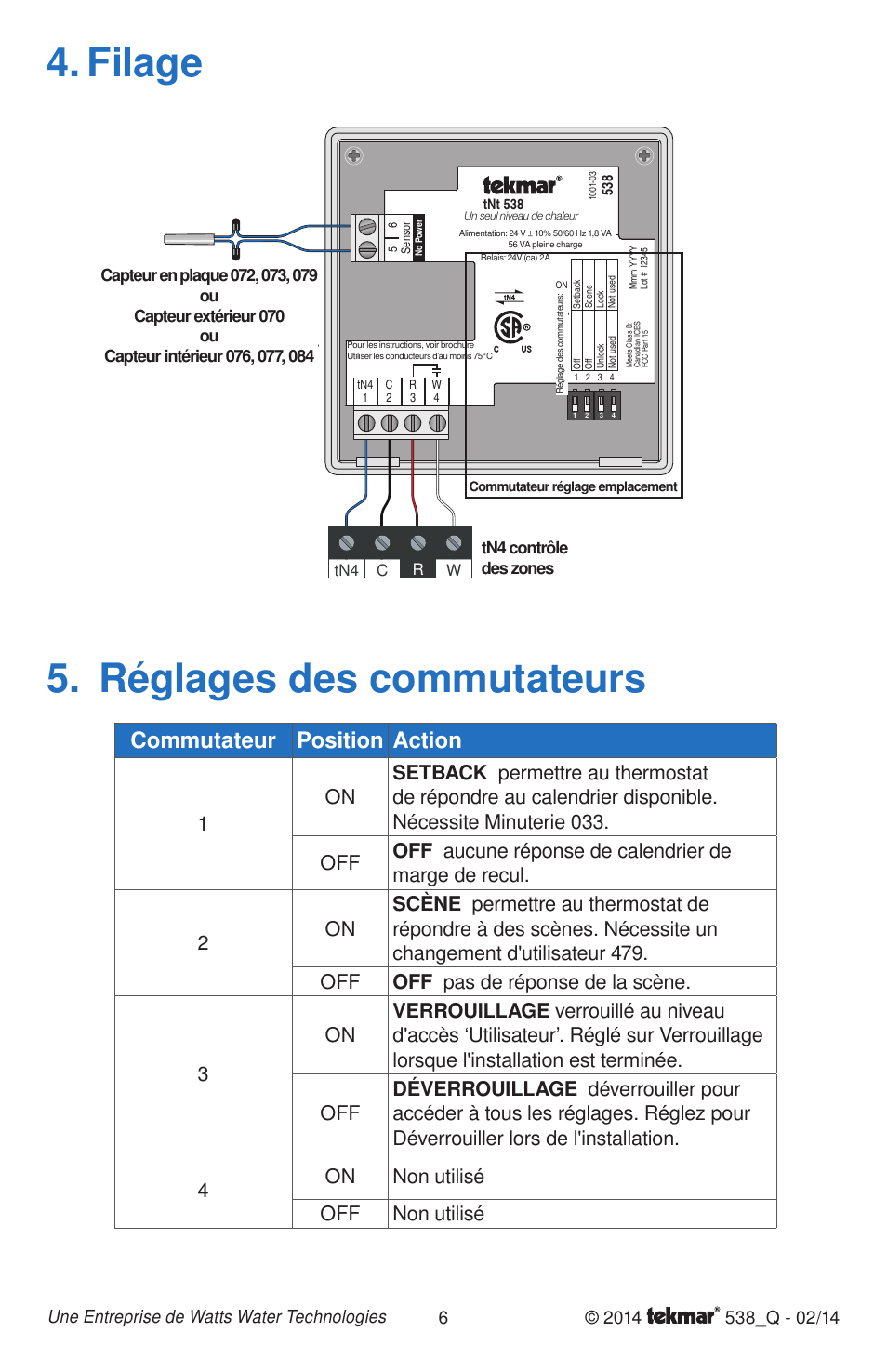 Filage 5. réglages des commutateurs, Commutateur position action, Tn4 contrôle des zones | tekmar 538 Thermostat Quick Start User Manual | Page 6 / 12