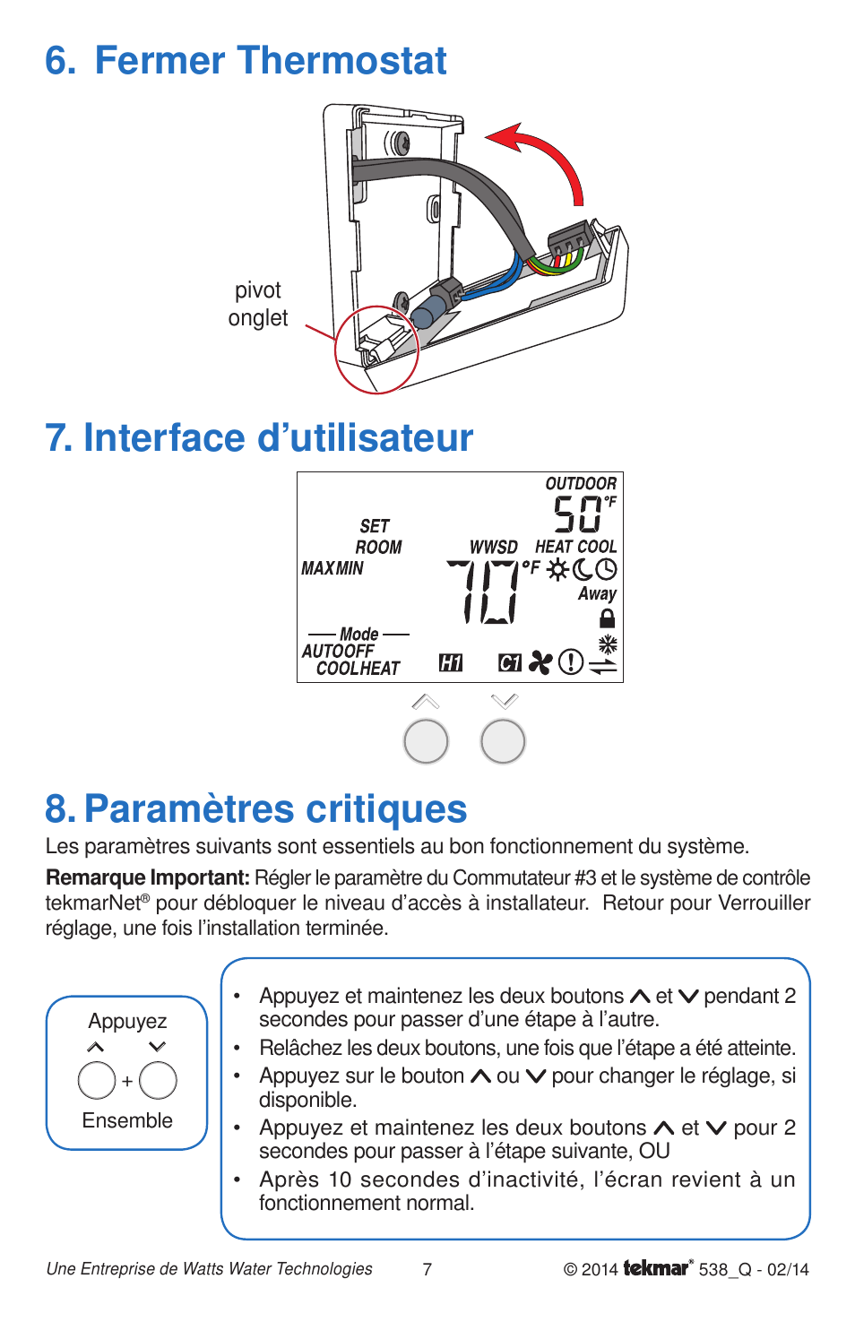 Fermer thermostat, Paramètres critiques, Interface d’utilisateur | tekmar 538 Thermostat Quick Start User Manual | Page 7 / 12
