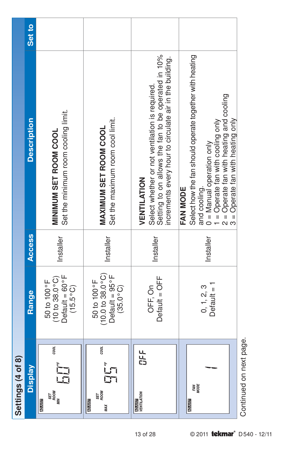 tekmar 540 Thermostat Installation User Manual | Page 13 / 28