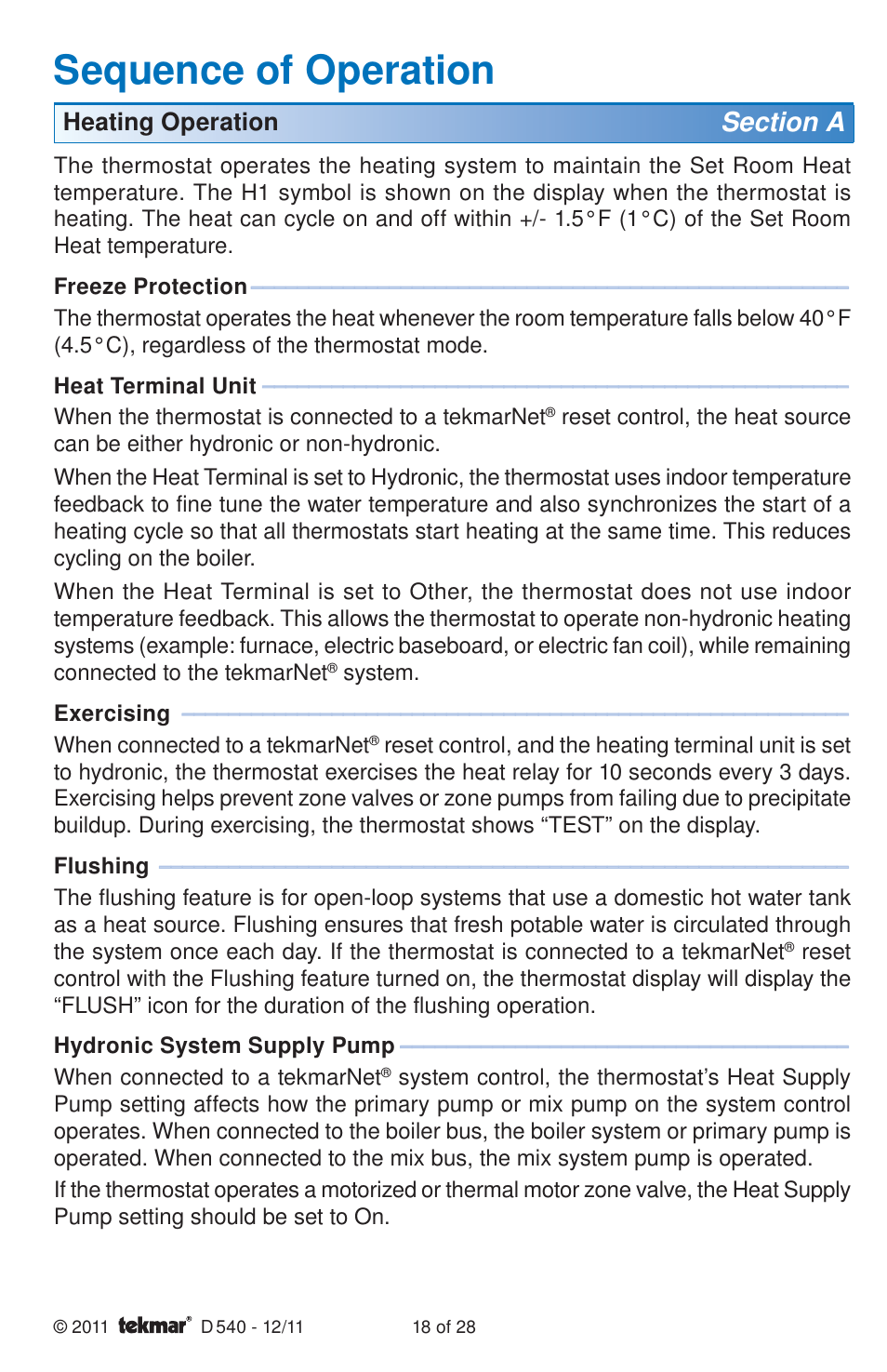 Sequence of operation | tekmar 540 Thermostat Installation User Manual | Page 18 / 28