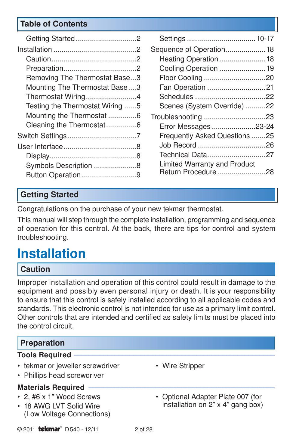 Installation | tekmar 540 Thermostat Installation User Manual | Page 2 / 28