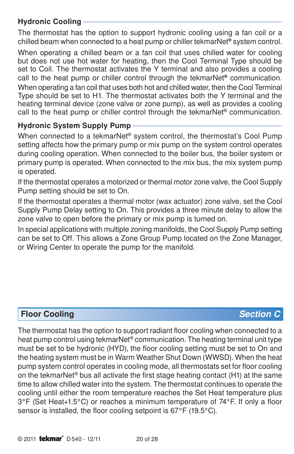 Floor cooling | tekmar 540 Thermostat Installation User Manual | Page 20 / 28