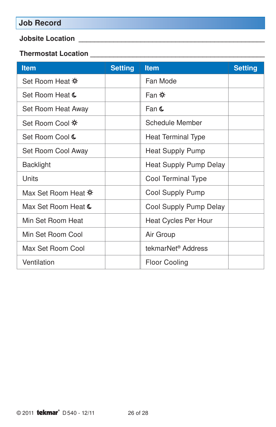 tekmar 540 Thermostat Installation User Manual | Page 26 / 28