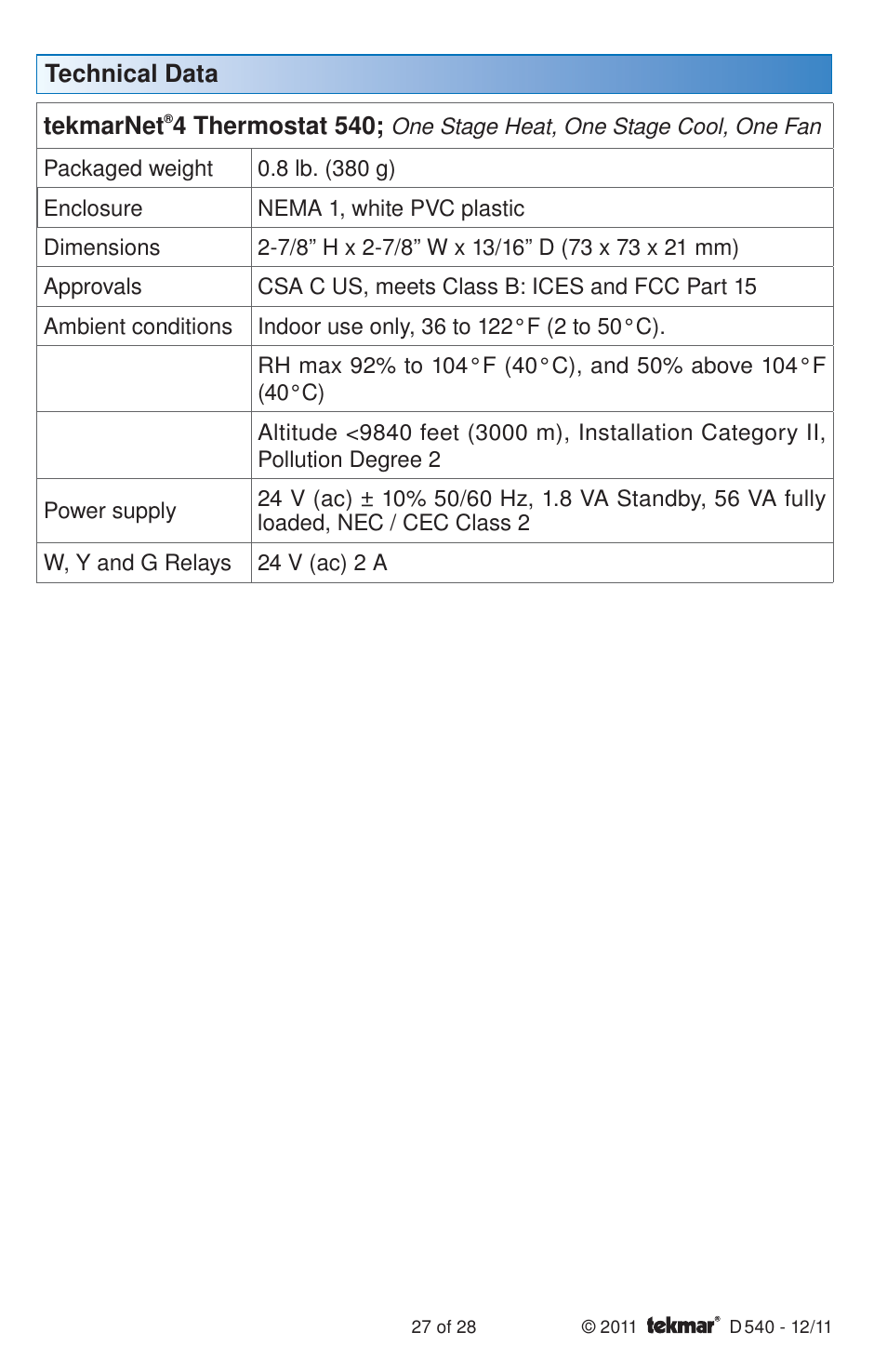 tekmar 540 Thermostat Installation User Manual | Page 27 / 28