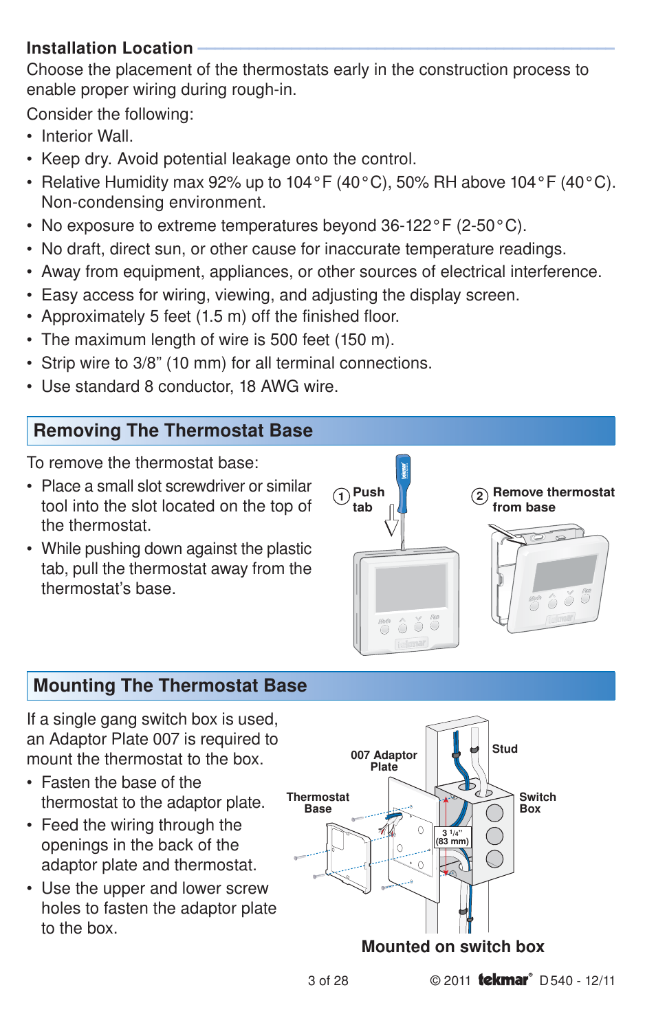 Removing the thermostat base, Mounting the thermostat base | tekmar 540 Thermostat Installation User Manual | Page 3 / 28