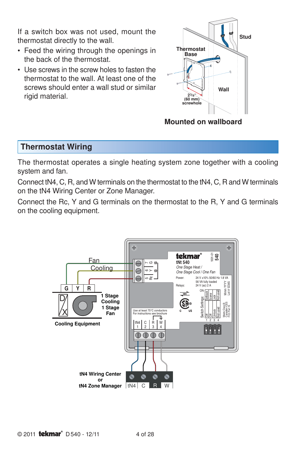 Thermostat wiring, Mounted on wallboard, Fan cooling | Gy r, Stud, Thermostat base wall, Tn4 c w r | tekmar 540 Thermostat Installation User Manual | Page 4 / 28