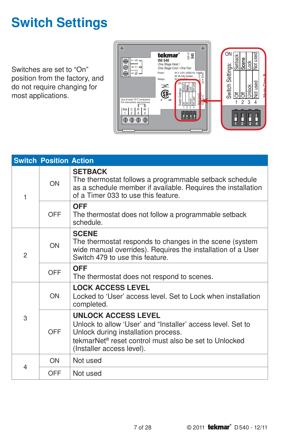 Switch settings, Switch position action, Off the thermostat does not respond to scenes | Not used, Switch se ttings | tekmar 540 Thermostat Installation User Manual | Page 7 / 28