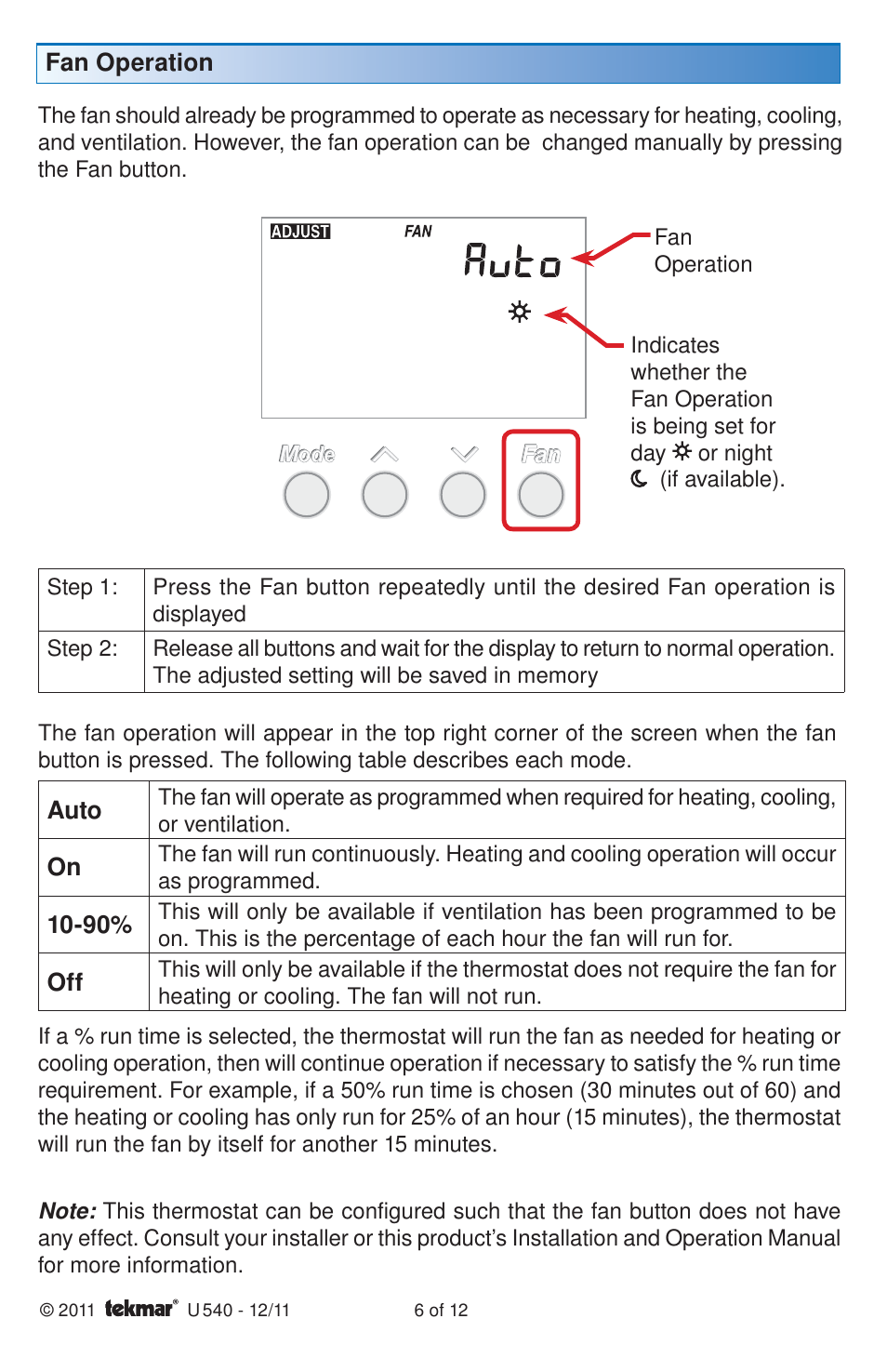tekmar 540 Thermostat User Manuals User Manual | Page 6 / 12