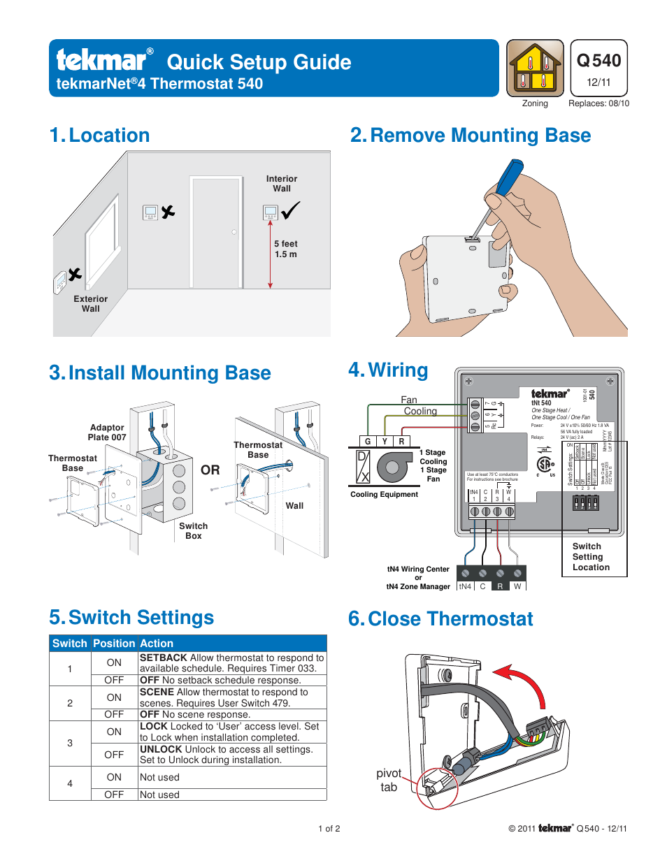 tekmar 540 Thermostat Quick Start User Manual | 2 pages