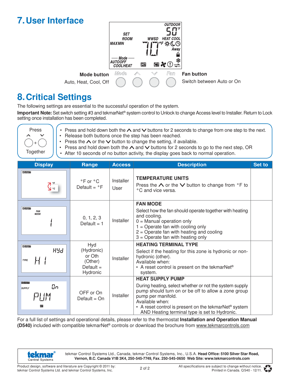 User interface, Critical settings | tekmar 540 Thermostat Quick Start User Manual | Page 2 / 2