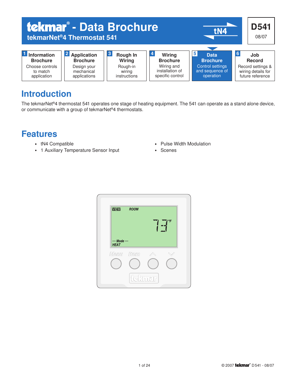 tekmar 541 Thermostat User Manual | 24 pages