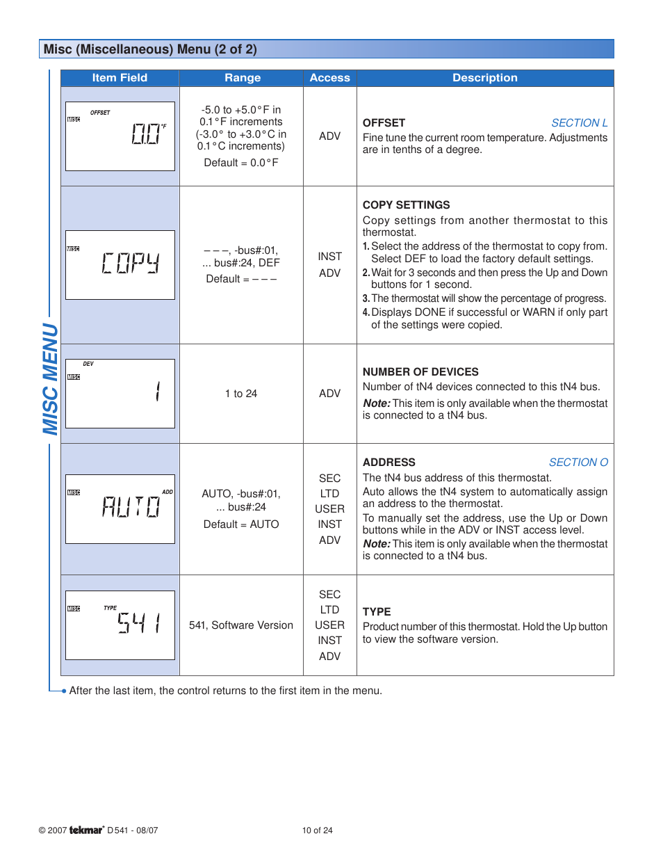 Misc menu | tekmar 541 Thermostat User Manual | Page 10 / 24