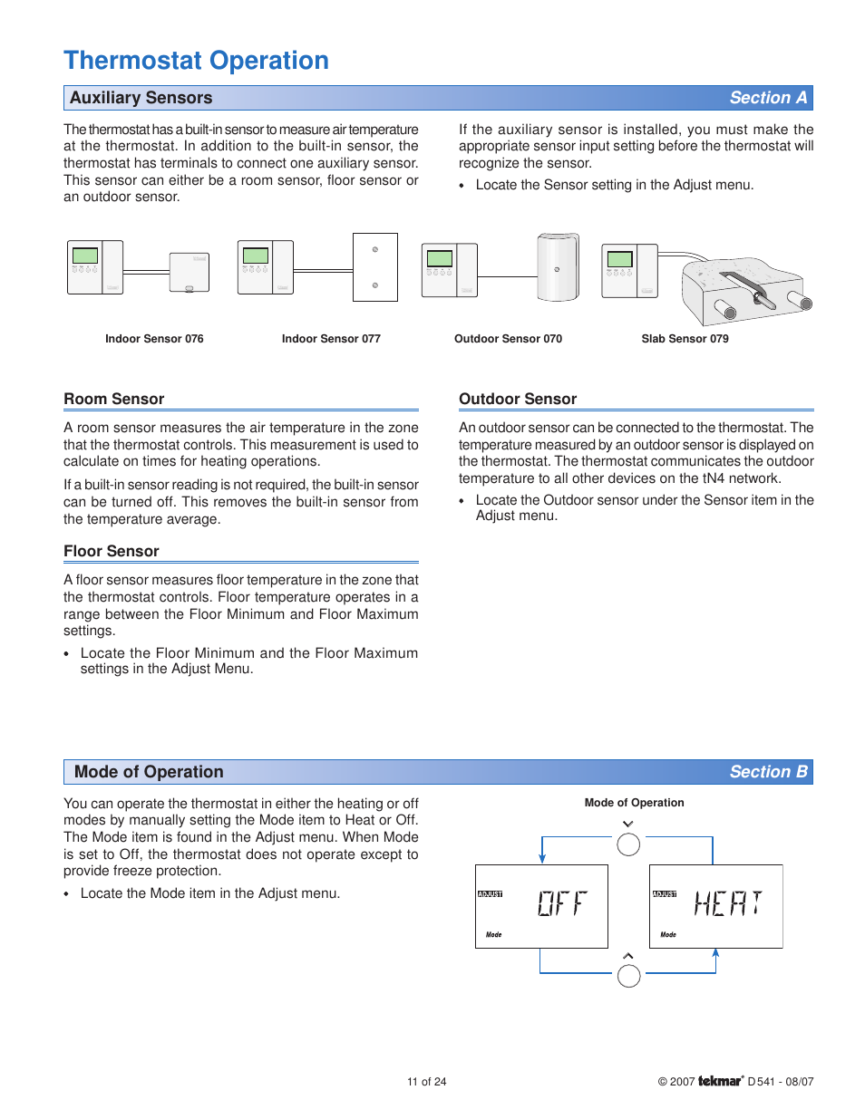 Thermostat operation | tekmar 541 Thermostat User Manual | Page 11 / 24