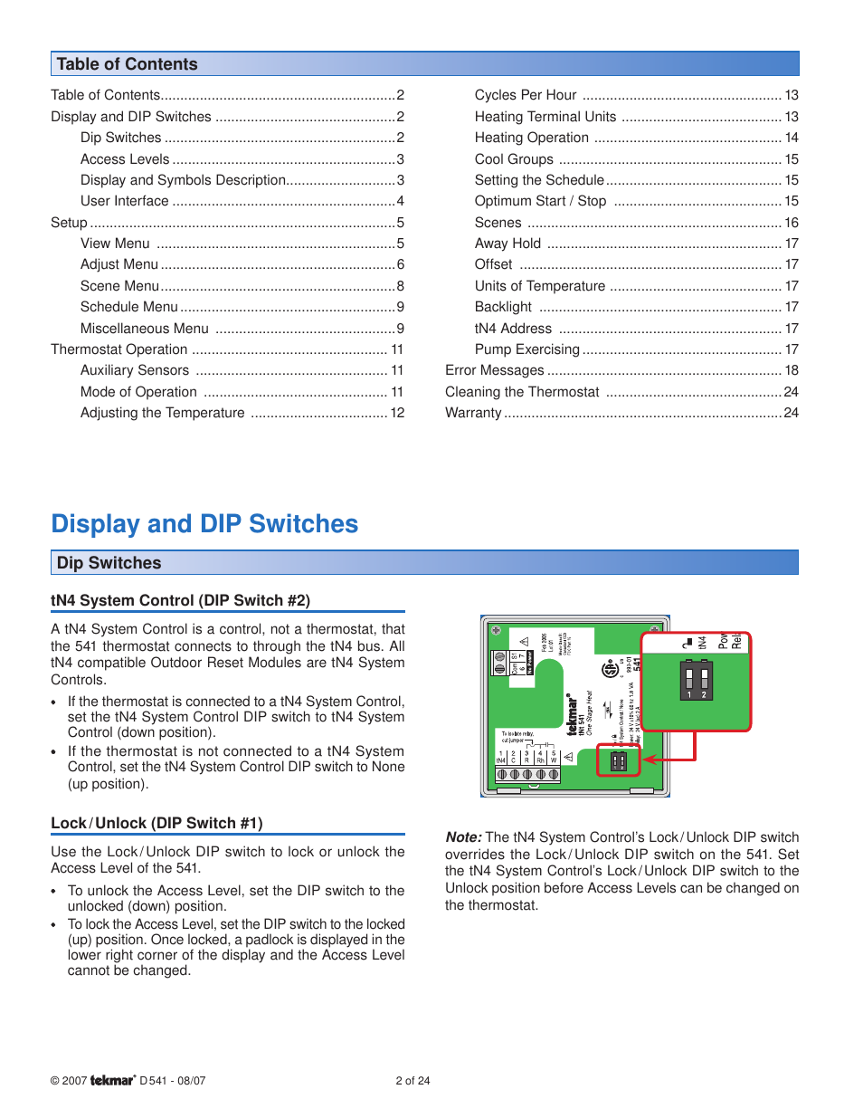 Display and dip switches | tekmar 541 Thermostat User Manual | Page 2 / 24