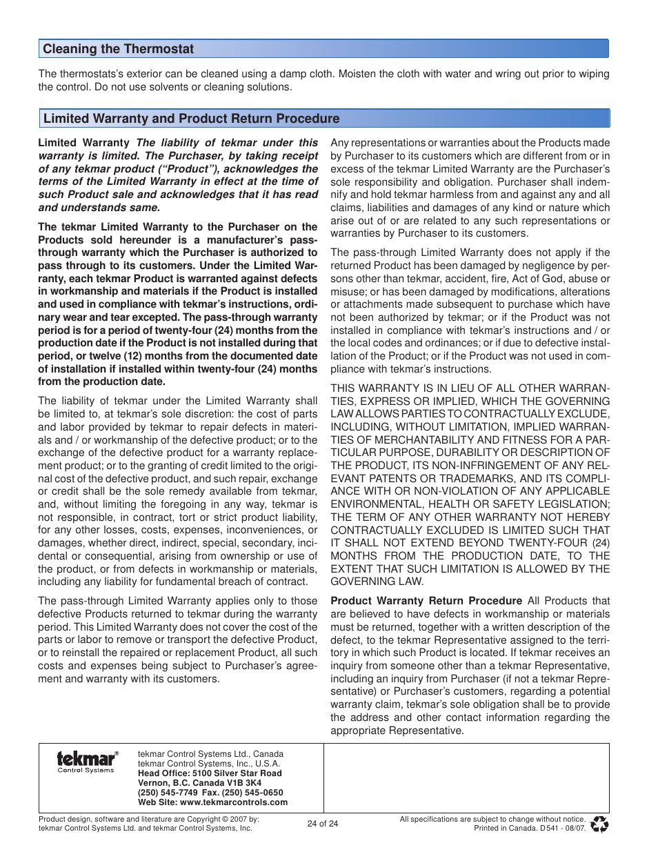 Limited warranty and product return procedure, Cleaning the thermostat | tekmar 541 Thermostat User Manual | Page 24 / 24