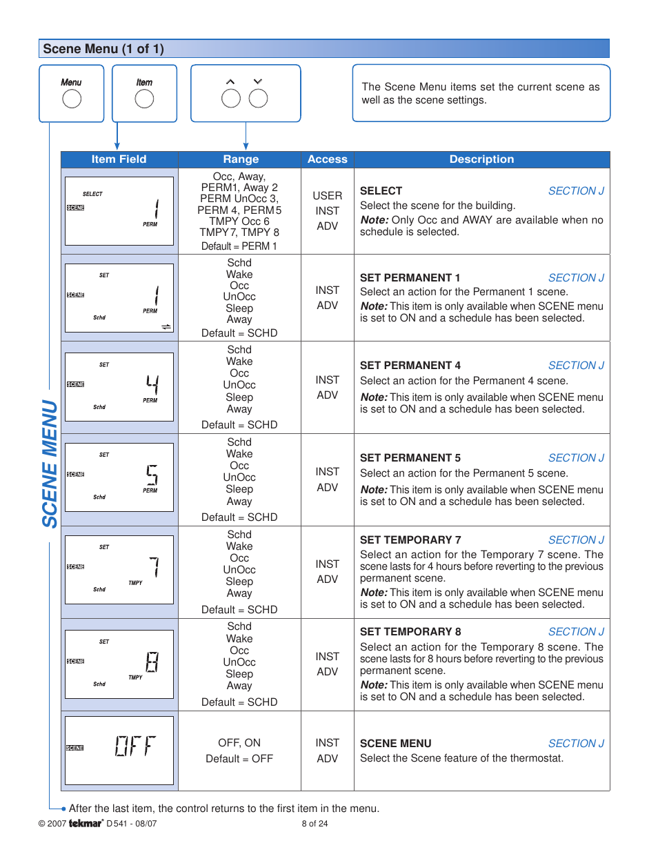 Scene menu | tekmar 541 Thermostat User Manual | Page 8 / 24