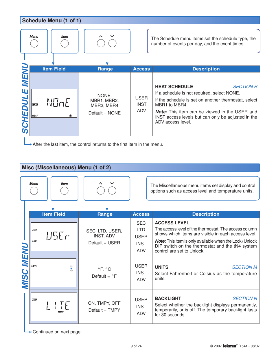 Sc hedule menu, Misc menu | tekmar 541 Thermostat User Manual | Page 9 / 24
