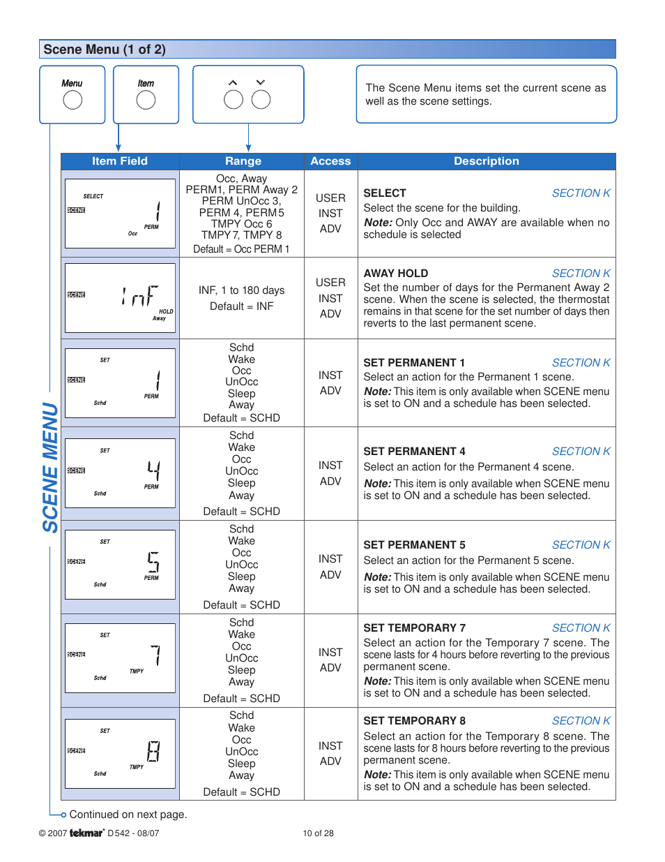 Scene menu | tekmar 542 Thermostat Installation User Manual | Page 10 / 28