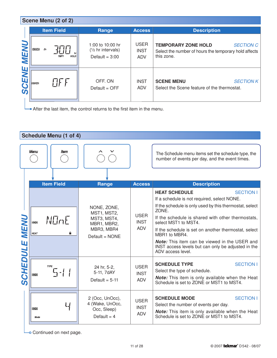 Scene menu, Sc hedule menu | tekmar 542 Thermostat Installation User Manual | Page 11 / 28
