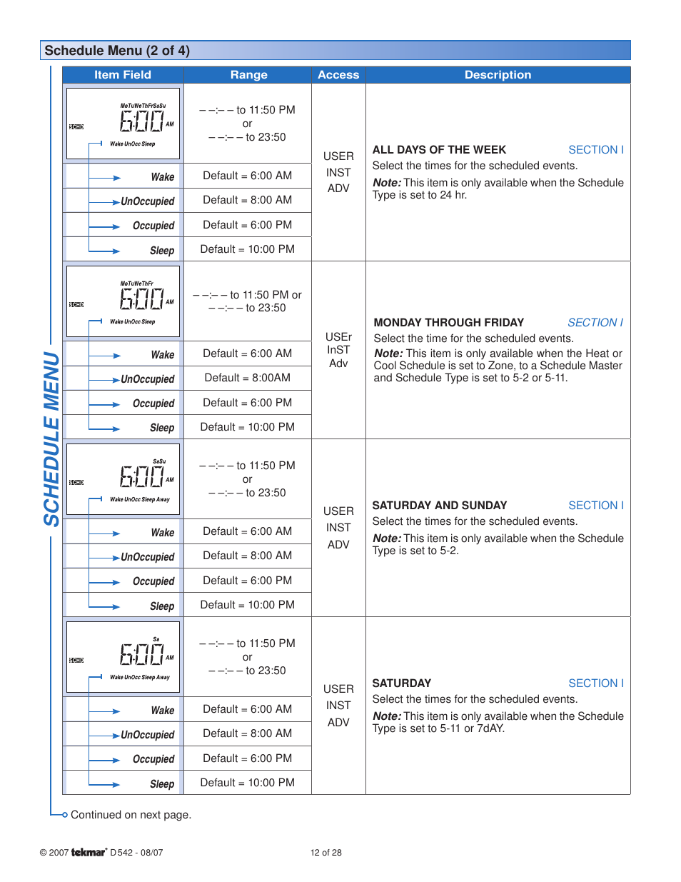 Sc hedule menu | tekmar 542 Thermostat Installation User Manual | Page 12 / 28