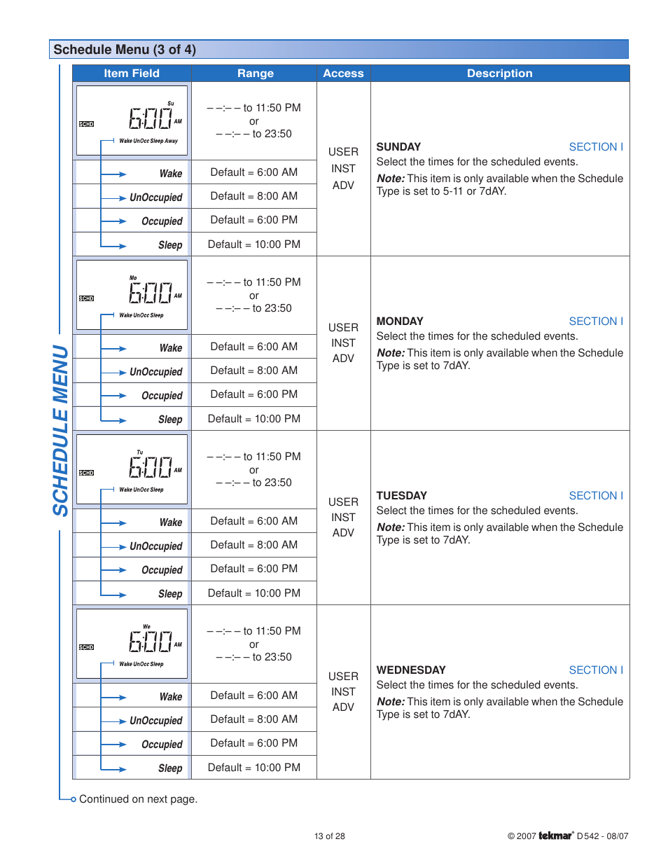 Sc hedule menu | tekmar 542 Thermostat Installation User Manual | Page 13 / 28