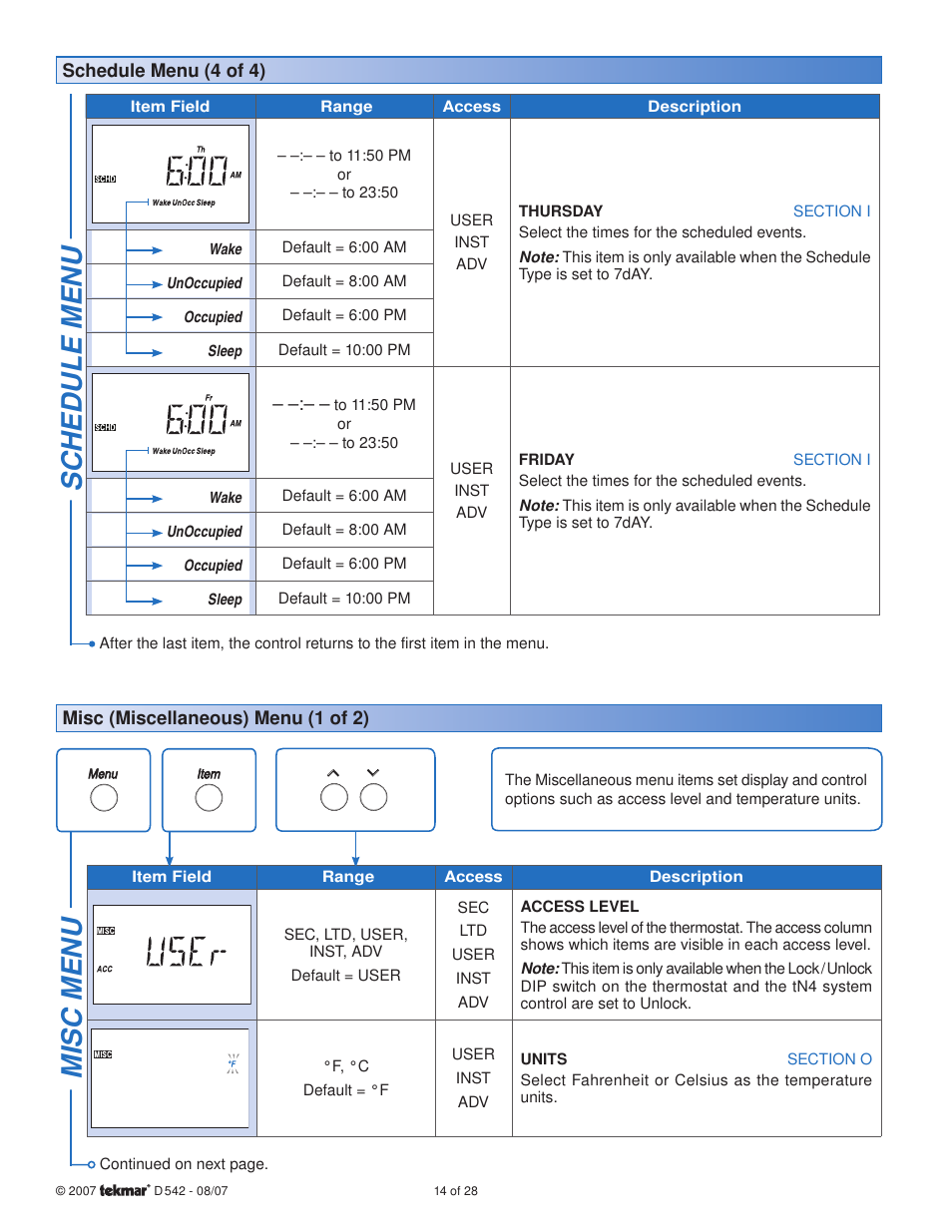 Sc hedule menu, Misc menu | tekmar 542 Thermostat Installation User Manual | Page 14 / 28