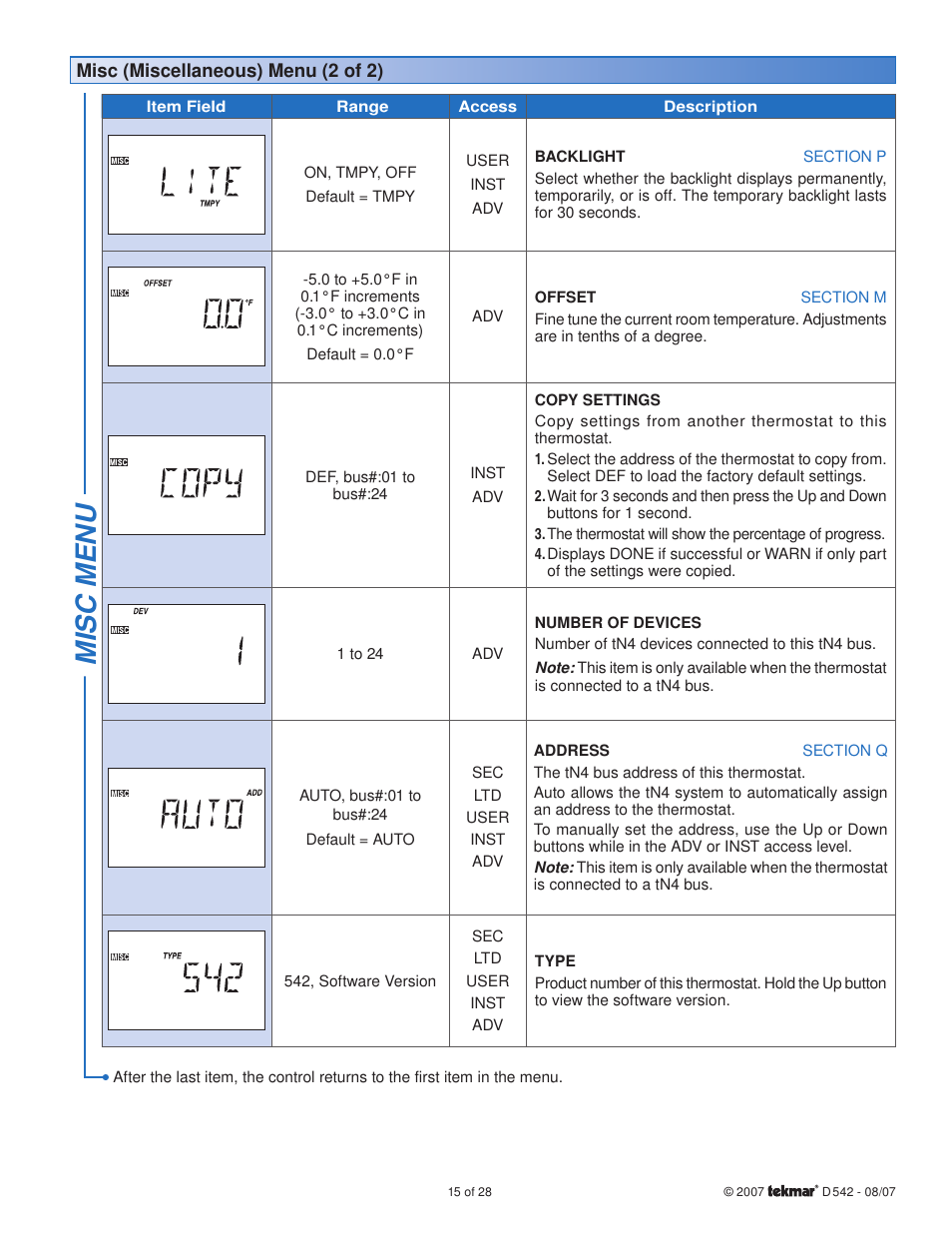 Misc menu | tekmar 542 Thermostat Installation User Manual | Page 15 / 28