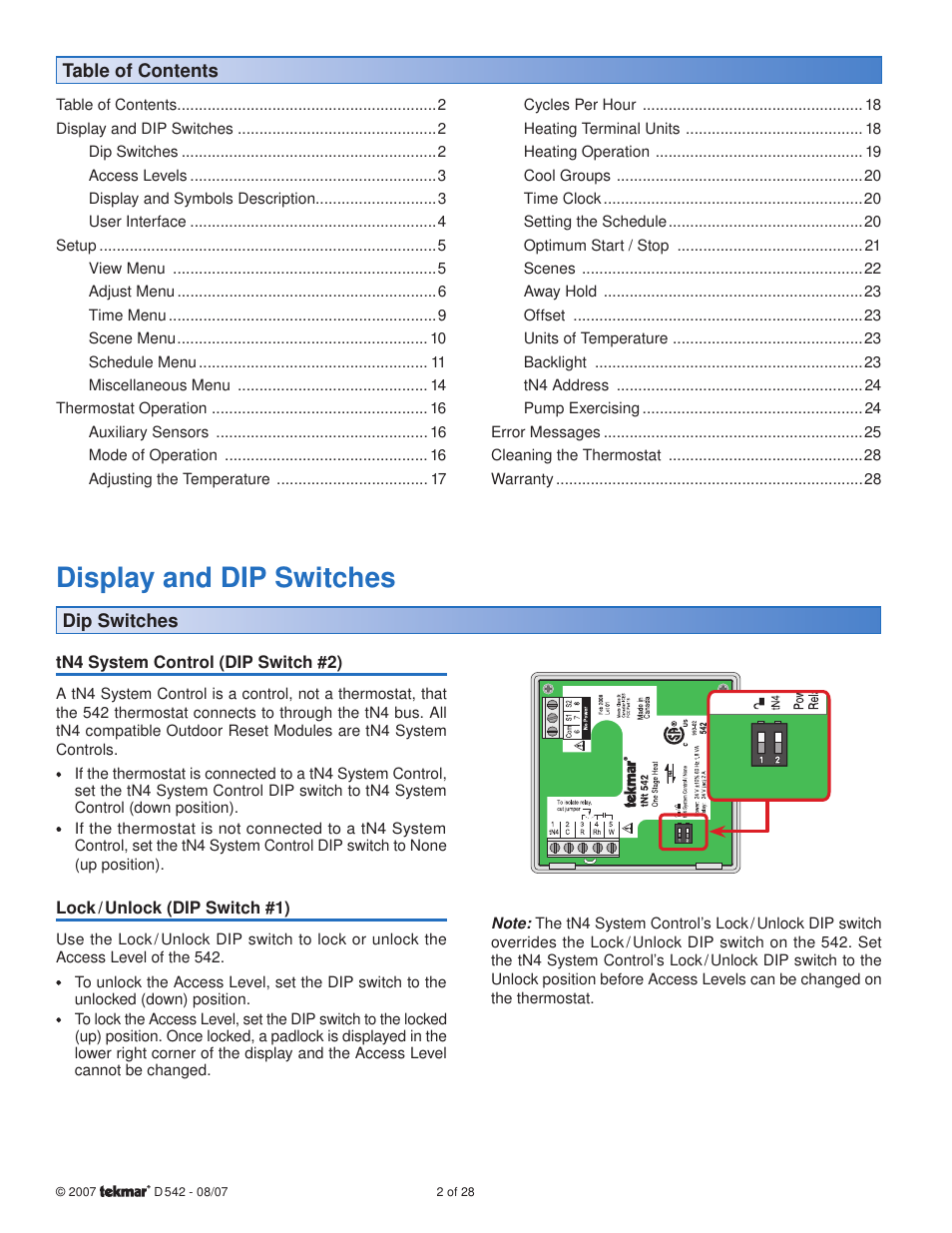 Display and dip switches | tekmar 542 Thermostat Installation User Manual | Page 2 / 28