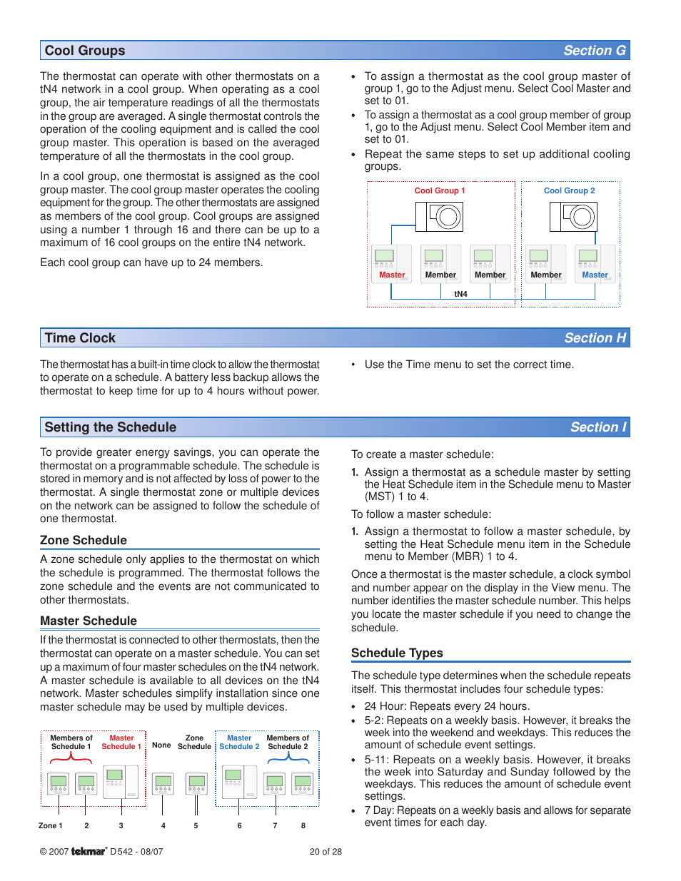 Zone schedule, Master schedule, Schedule types | tekmar 542 Thermostat Installation User Manual | Page 20 / 28
