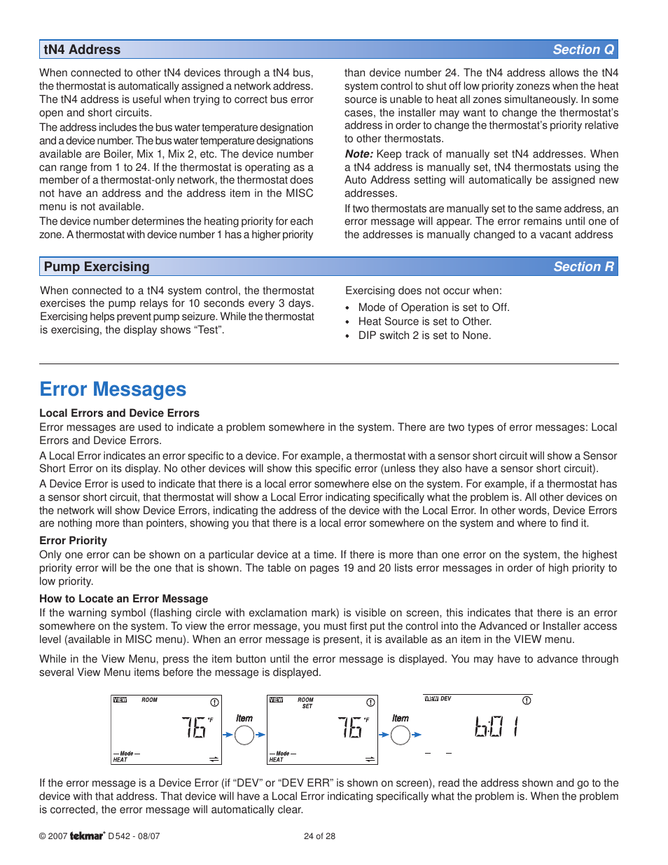 Error messages | tekmar 542 Thermostat Installation User Manual | Page 24 / 28