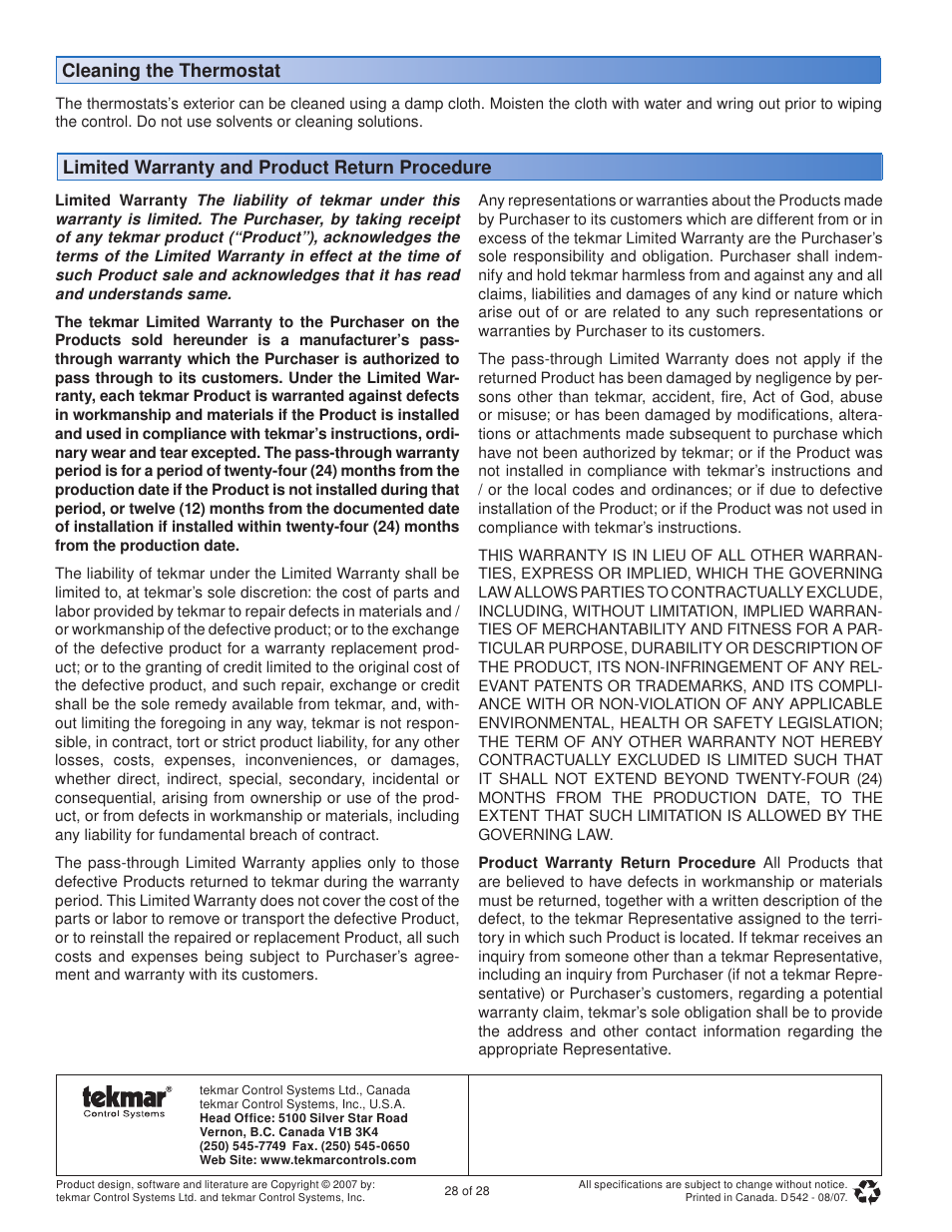 Limited warranty and product return procedure, Cleaning the thermostat | tekmar 542 Thermostat Installation User Manual | Page 28 / 28
