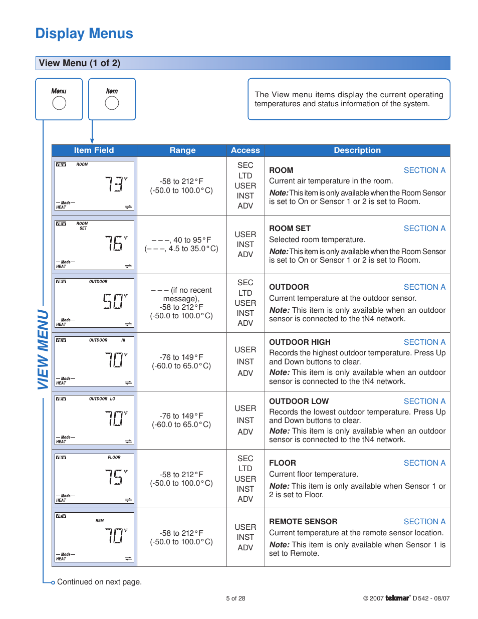Display menus, View menu | tekmar 542 Thermostat Installation User Manual | Page 5 / 28