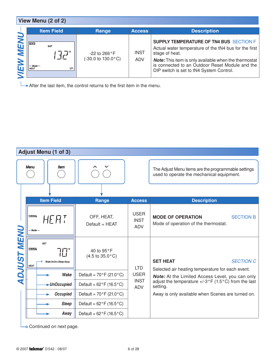 Adjus t menu, View menu | tekmar 542 Thermostat Installation User Manual | Page 6 / 28
