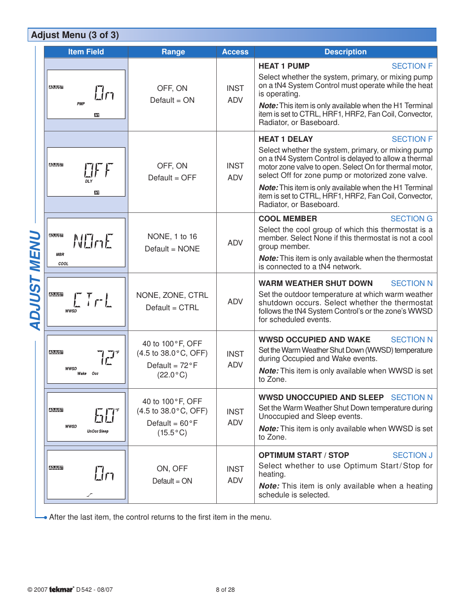 Adjus t menu | tekmar 542 Thermostat Installation User Manual | Page 8 / 28