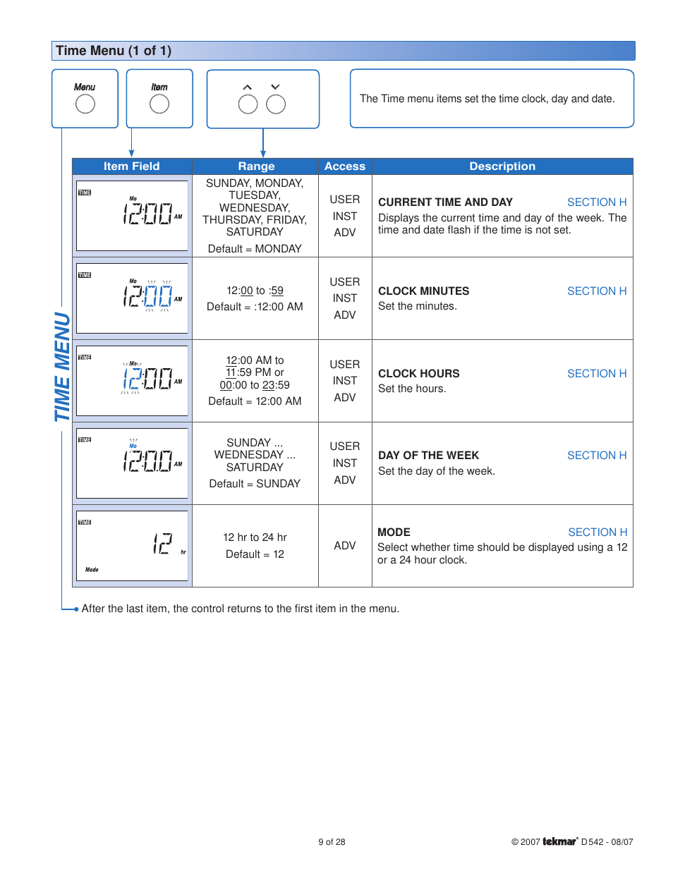 Time menu | tekmar 542 Thermostat Installation User Manual | Page 9 / 28