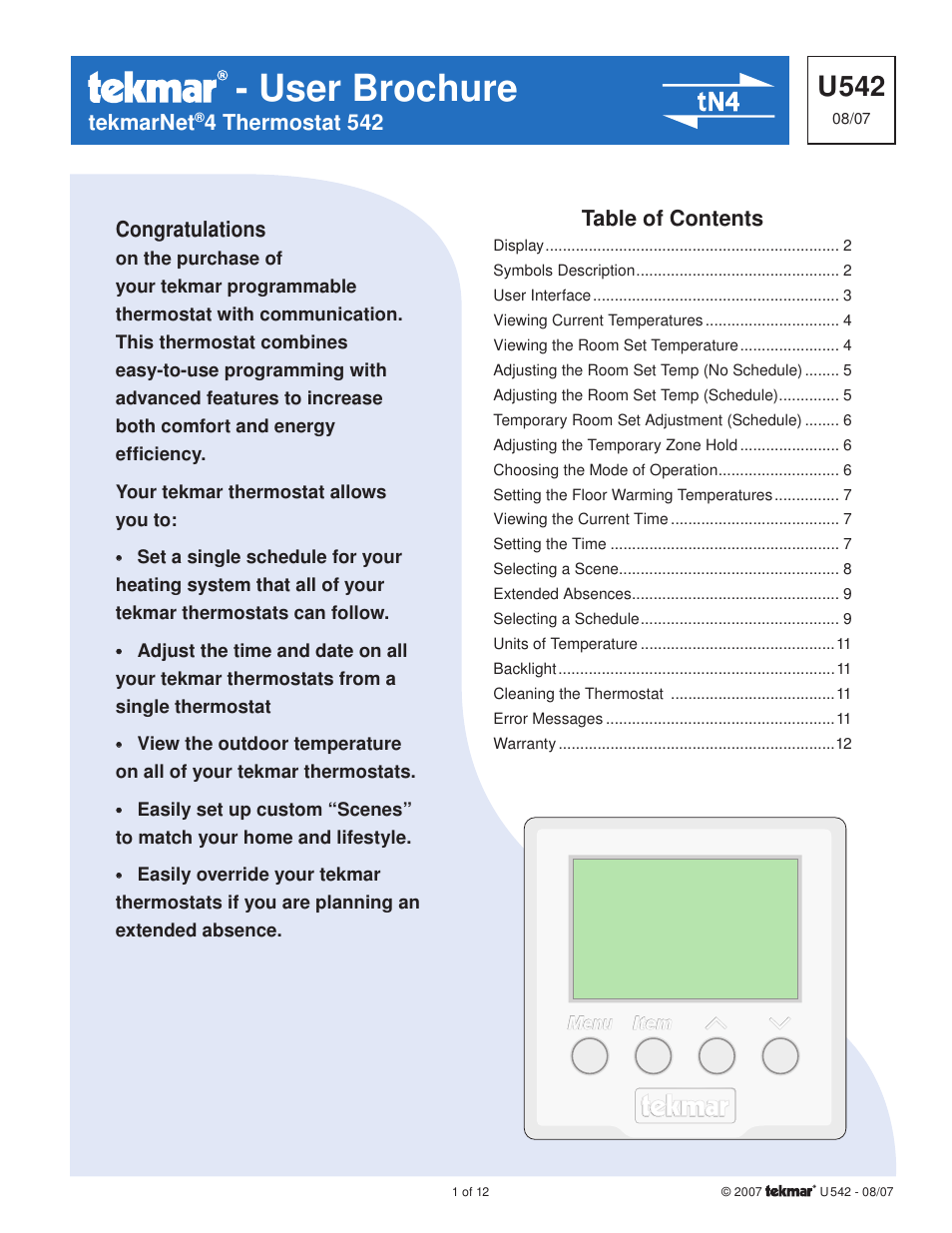 tekmar 542 Thermostat User Manuals User Manual | 12 pages