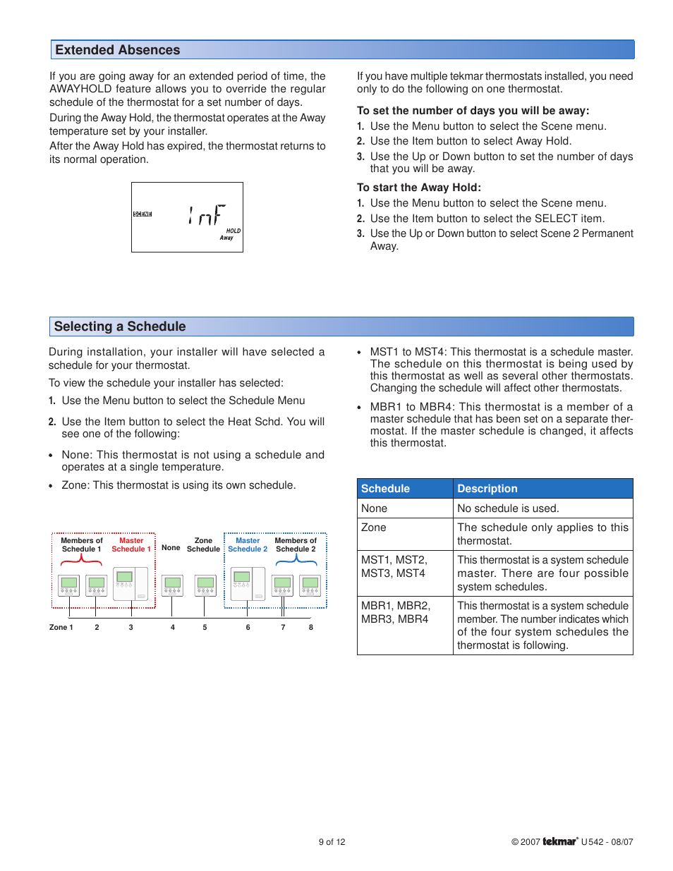 Extended absences, Selecting a schedule | tekmar 542 Thermostat User Manuals User Manual | Page 9 / 12