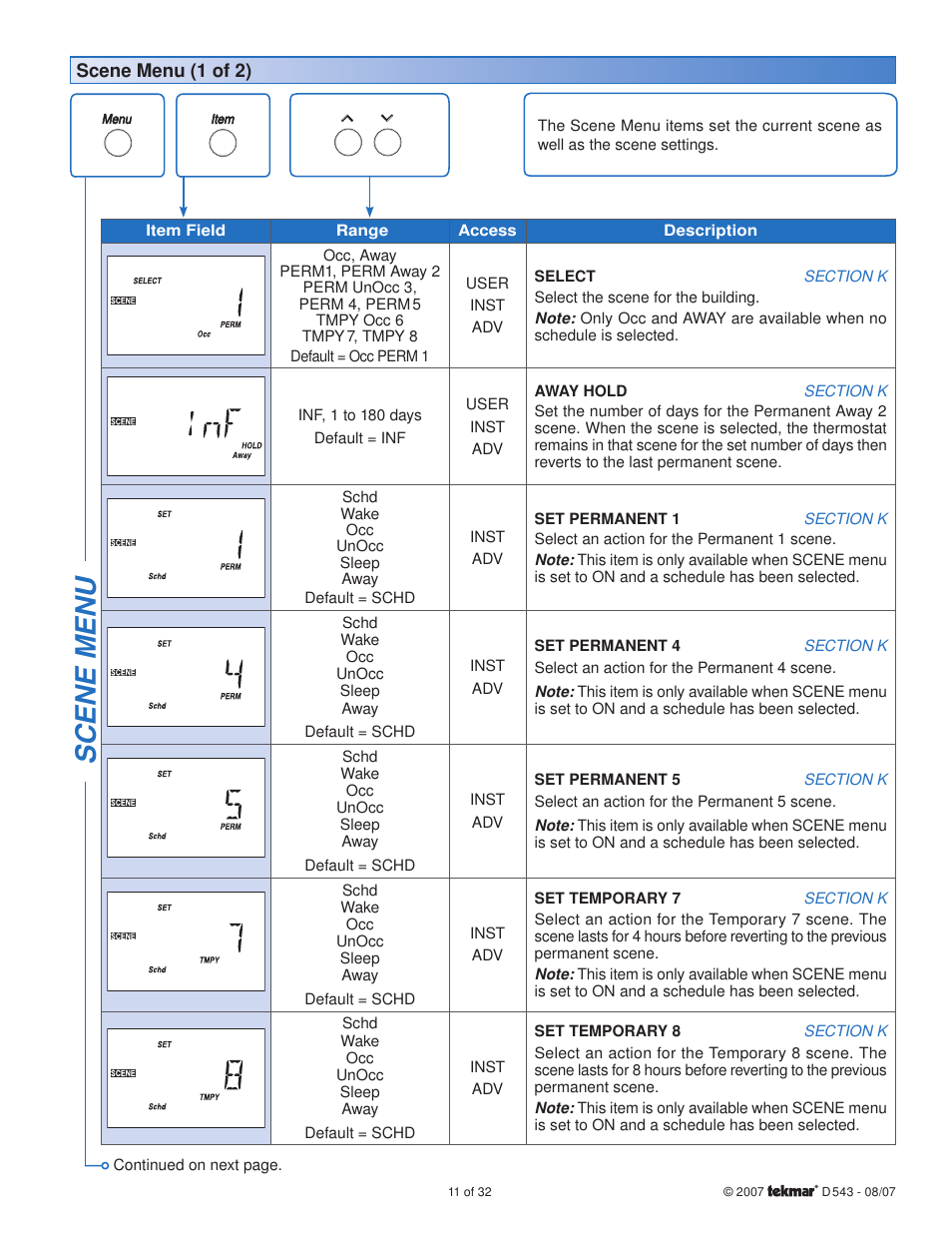 Scene menu | tekmar 543 Thermostat Installation User Manual | Page 11 / 32