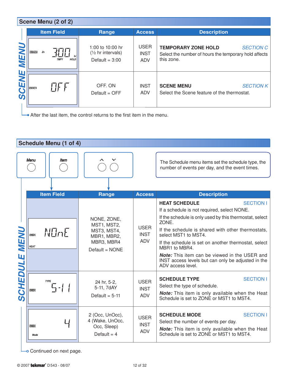 Scene menu, Sc hedule menu | tekmar 543 Thermostat Installation User Manual | Page 12 / 32