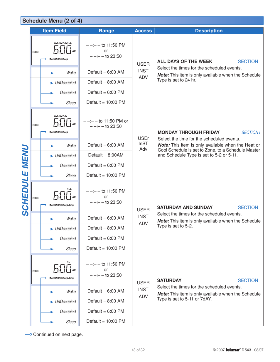Sc hedule menu | tekmar 543 Thermostat Installation User Manual | Page 13 / 32
