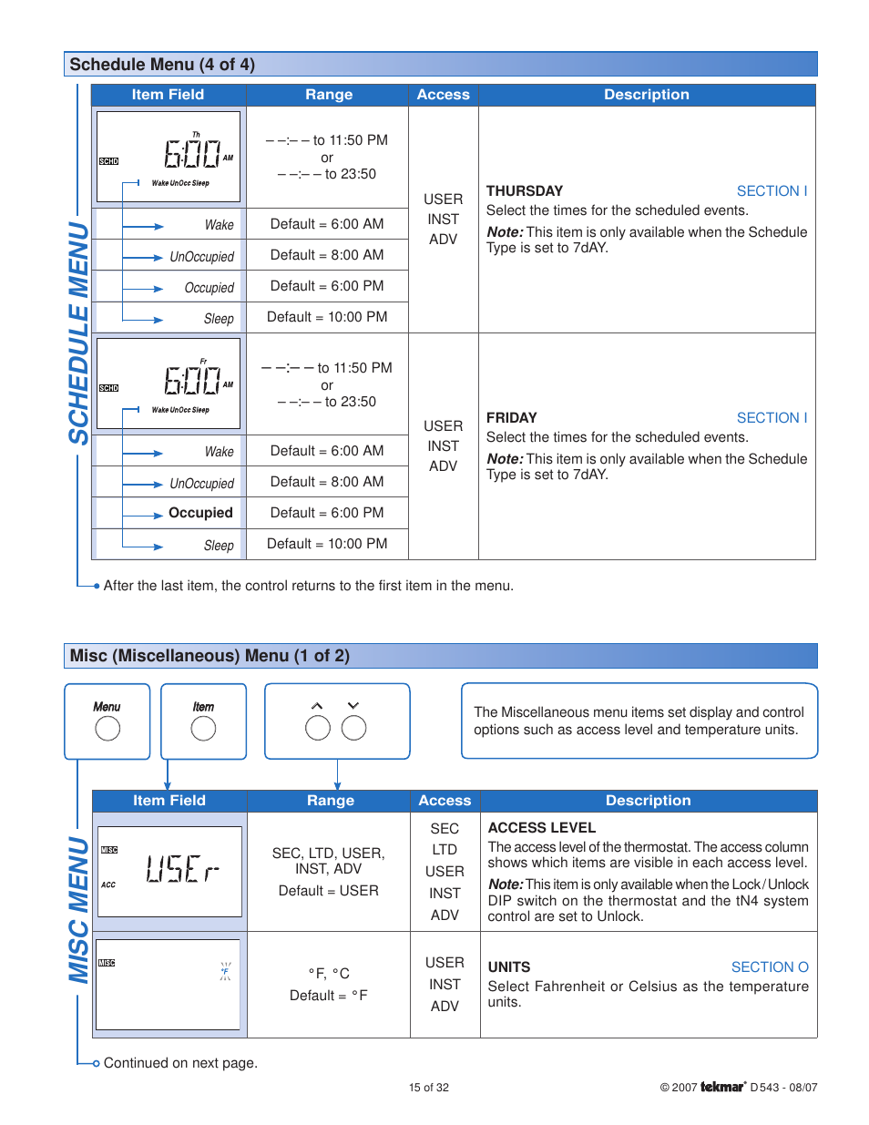 Sc hedule menu, Misc menu | tekmar 543 Thermostat Installation User Manual | Page 15 / 32