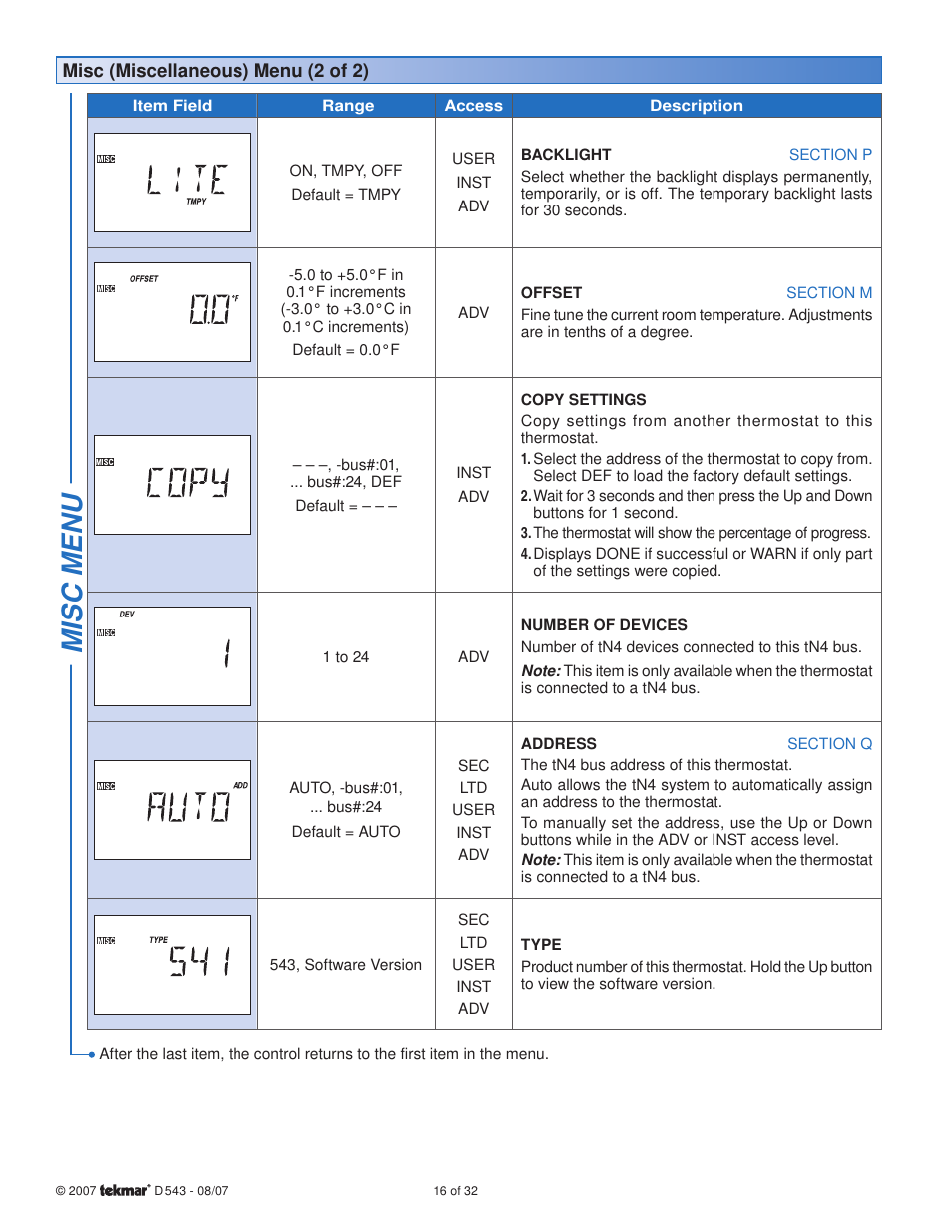Misc menu | tekmar 543 Thermostat Installation User Manual | Page 16 / 32