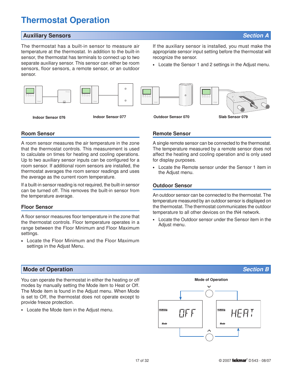 Thermostat operation | tekmar 543 Thermostat Installation User Manual | Page 17 / 32