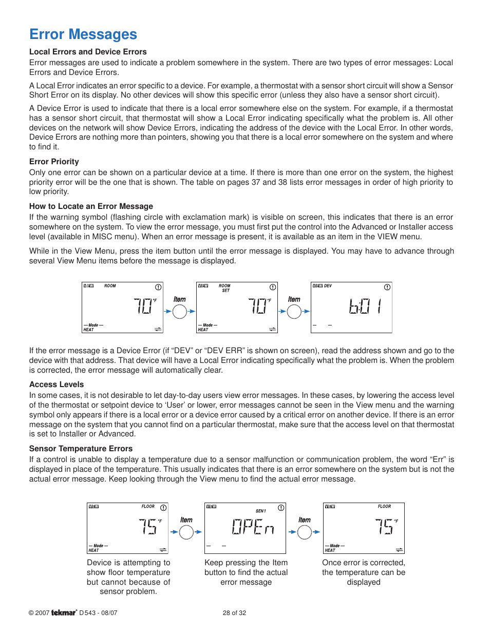 Error messages | tekmar 543 Thermostat Installation User Manual | Page 28 / 32