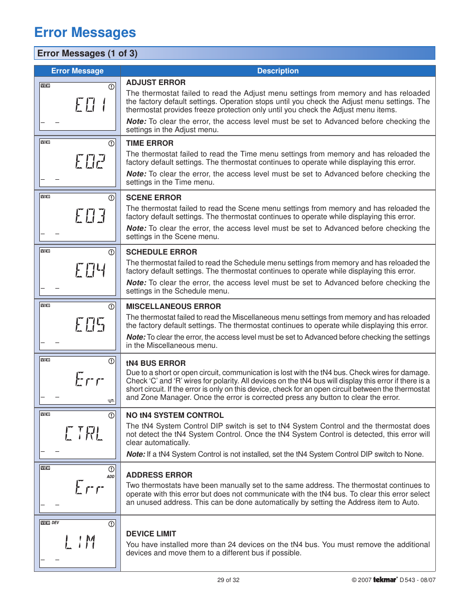 Error messages | tekmar 543 Thermostat Installation User Manual | Page 29 / 32