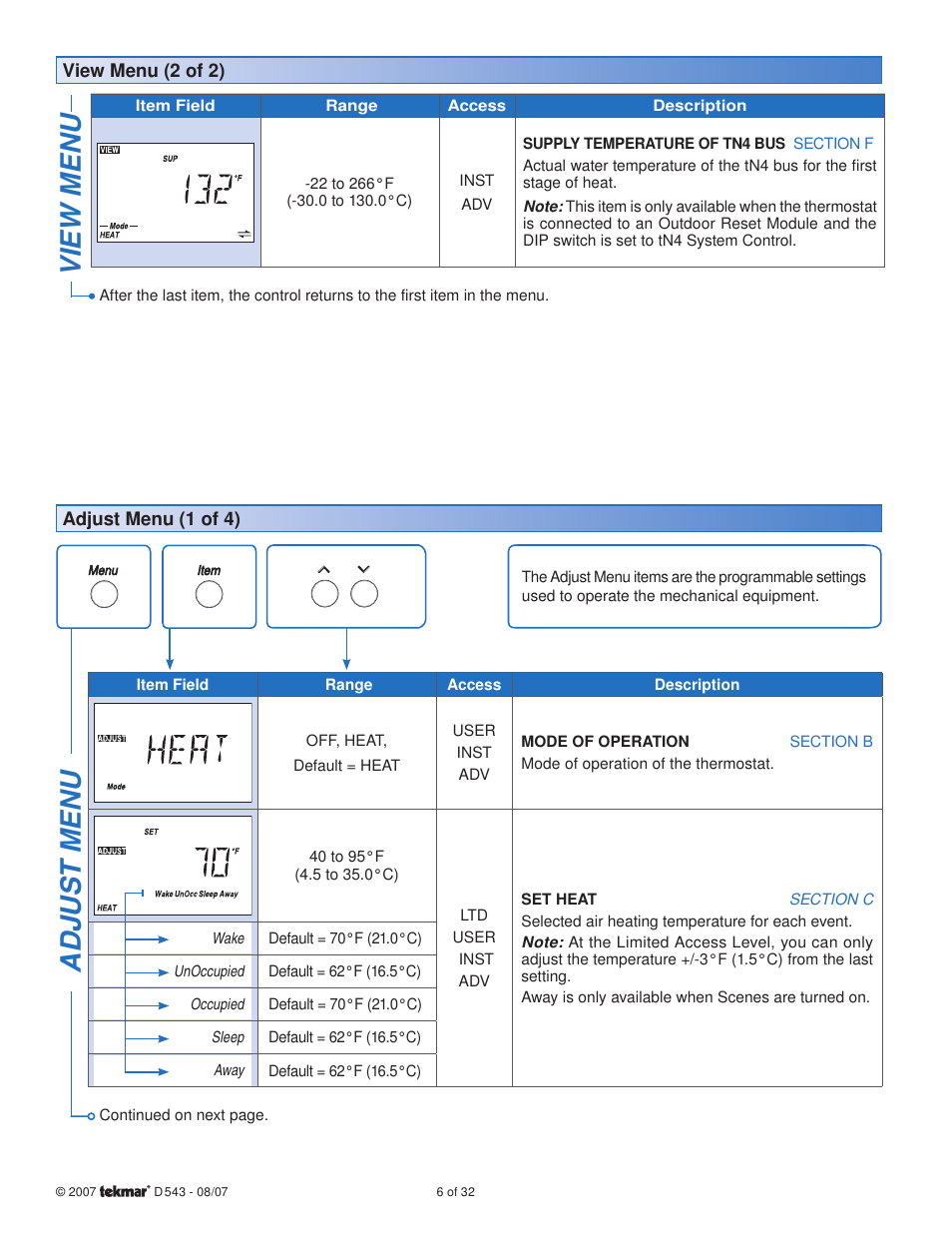 Adjus t menu, View menu | tekmar 543 Thermostat Installation User Manual | Page 6 / 32