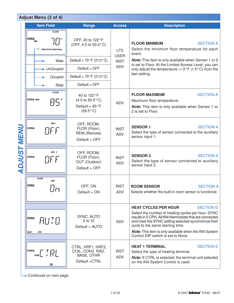 Adjus t menu | tekmar 543 Thermostat Installation User Manual | Page 7 / 32