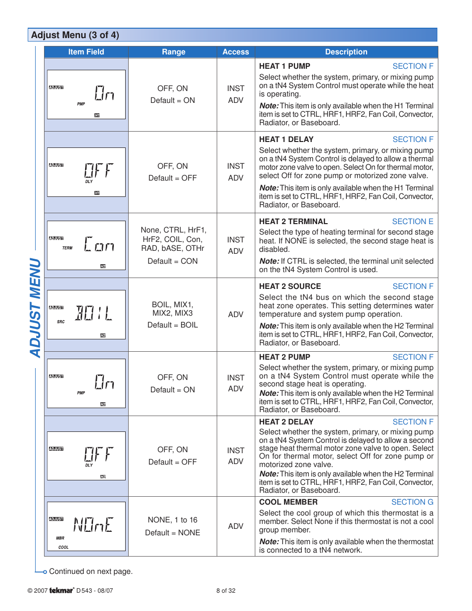 Adjus t menu | tekmar 543 Thermostat Installation User Manual | Page 8 / 32