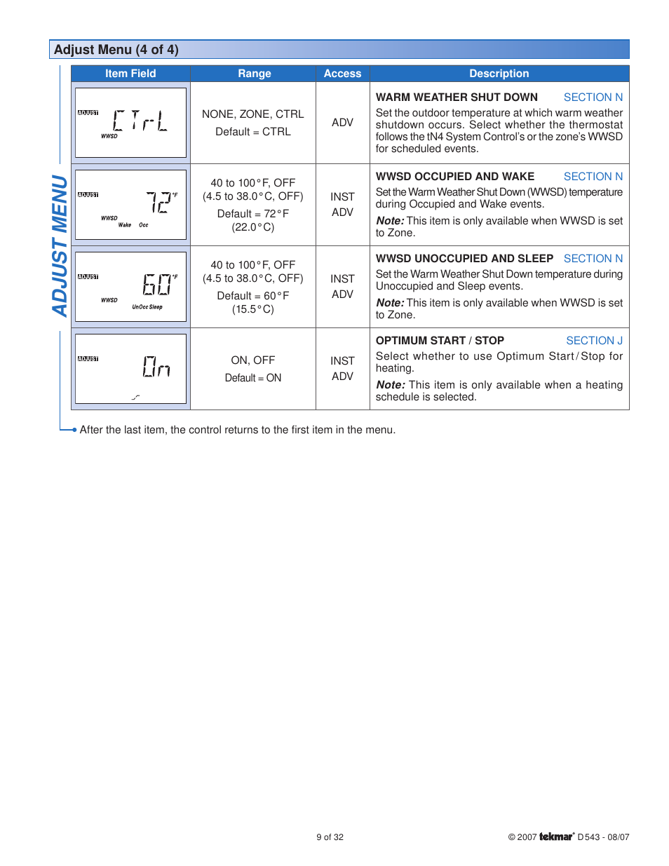 Adjus t menu | tekmar 543 Thermostat Installation User Manual | Page 9 / 32